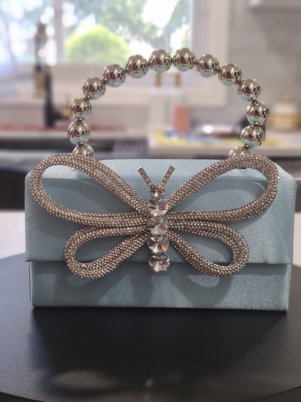 Elegant Blue Satin Butterfly Crystal Top-Handle Bag